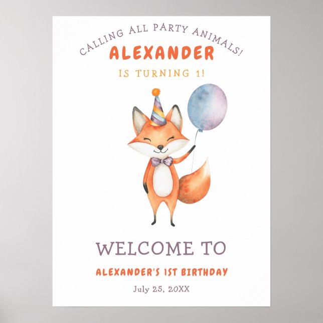 Watercolor Cute Fox 1st Birthday  Poster (Front)