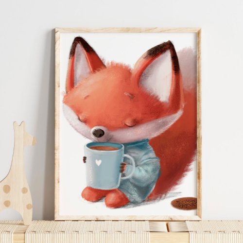 Watercolor Cute Fox Coffee  Fox Wall Print