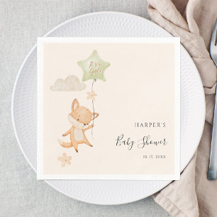 Watercolor Cute Fox Flying Balloon Baby Shower Napkins