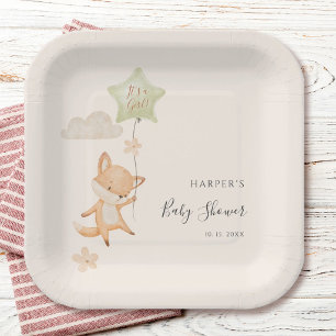 Watercolor Cute Fox Flying Balloon Baby Shower  Paper Plates