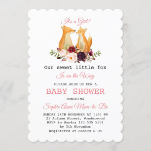 Watercolor Cute Foxes Woodland Girl Baby Shower Invitation