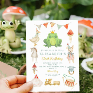 Watercolor Cute Frog Toys Cottage First Birthday Invitation