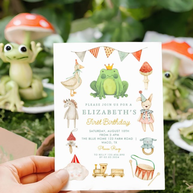 Watercolor Cute Frog Toys Cottage First Birthday Invitation (Creator Uploaded)