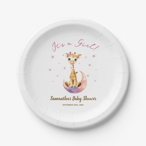 Watercolor Cute Giraffe Baby Shower Its a Girl Paper Plates