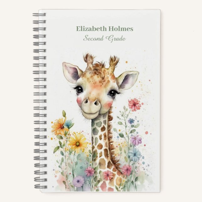 Watercolor Cute Giraffe with Flowers Notebook (Front)