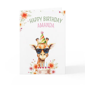 Watercolor Cute Giraffe with Party Hat Birthday Card