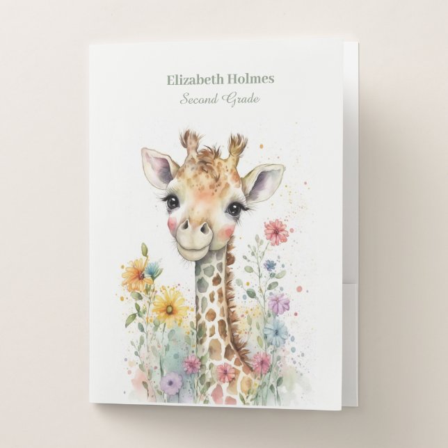 Watercolor Cute Giraffe with Wildflowers Pocket Folder (Front)