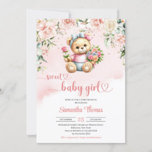 Watercolor cute girl teddy bear with flowers invitation