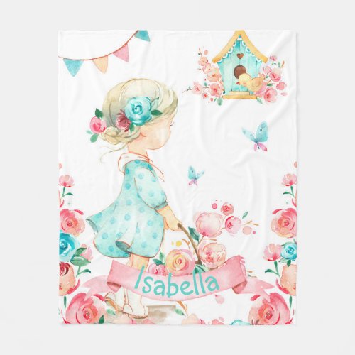 Watercolor cute girl with flowers fleece blanket