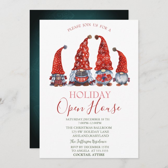 Watercolor Cute Gnomes Open House    Invitation (Front/Back)