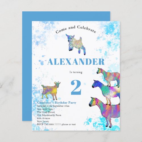 Watercolor Cute Goats Birthday Party Blue