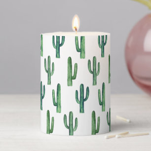 Watercolor cute green cactus. Succulent pattern Pillar Candle