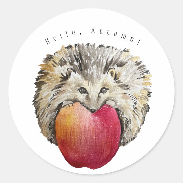 Watercolor cute hedgehog and apple classic round sticker (Front)