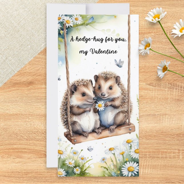 Watercolor Cute Hedgehogs on Swing Valentine's Day Holiday Card (A Valentine's card featuring two cute hedgehogs on a swing in a watercolor style)