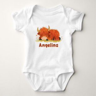 Watercolor Cute Highland Cow with Name Western Baby Bodysuit
