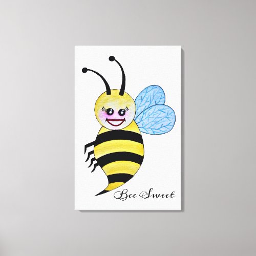 Watercolor Cute Honey Bee With Happy Smile Canvas Print
