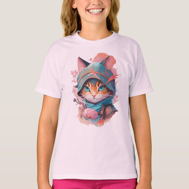 Watercolor Cute Hooded Ninja Cat T-Shirt (Front)