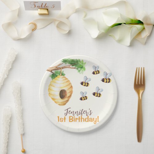 Watercolor Cute Its So Sweet To Bee First Birthday Paper Plates