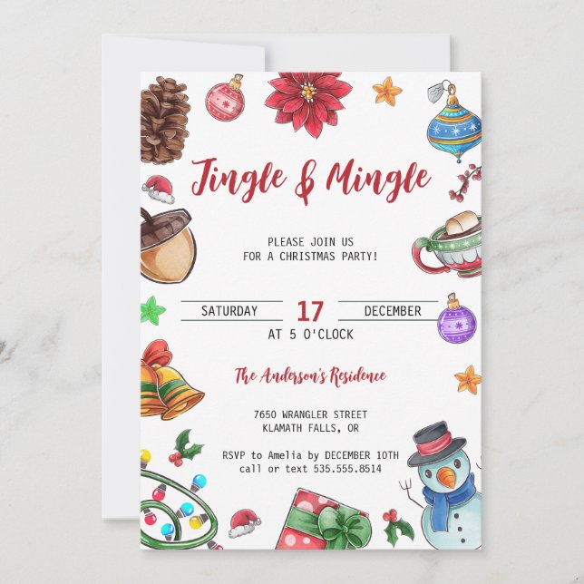 Watercolor Cute Jingle & Mingle Christmas Party Invitation (Front)