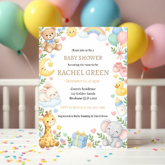 Watercolor Cute Jungle Animals Baby Shower Invitation