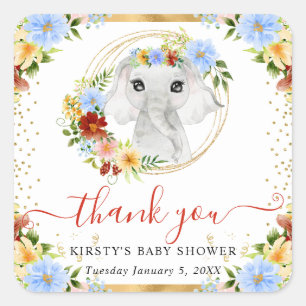 Watercolor Cute Jungle Elephant Floral Baby Shower Square Sticker