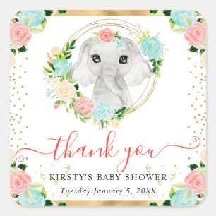 Watercolor Cute Jungle Elephant Floral Baby Shower Square Sticker