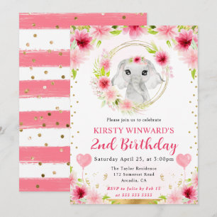 Watercolor Cute Jungle Elephant Kids Birthday Invitation