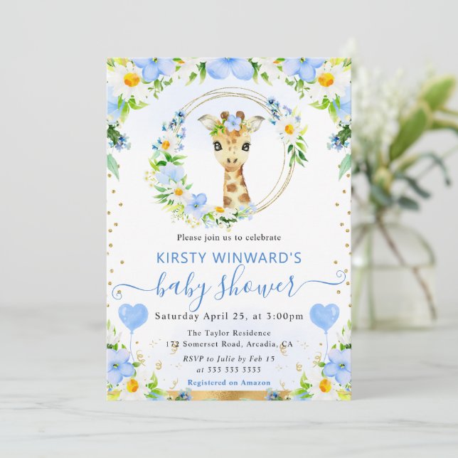 Watercolor Cute Jungle Giraffe Baby Shower Invitation (Standing Front)