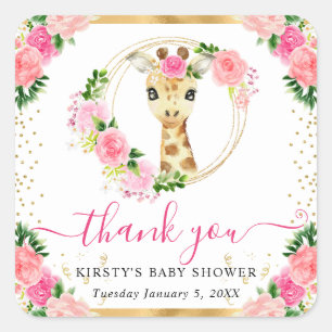 Watercolor Cute Jungle Giraffe Floral Baby Shower Square Sticker