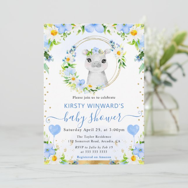 Watercolor Cute Jungle Hippo Baby Shower Invitation (Standing Front)