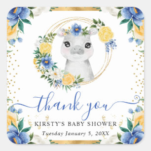 Watercolor Cute Jungle Hippo Floral Baby Shower Square Sticker
