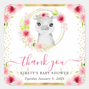 Watercolor Cute Jungle Hippo Floral Baby Shower Square Sticker