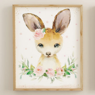 Watercolor Cute Kangaroo Blush Pink Floral Wall Poster