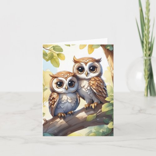Watercolor Cute Kawaii Chibi Owls Blank Greeting  Card