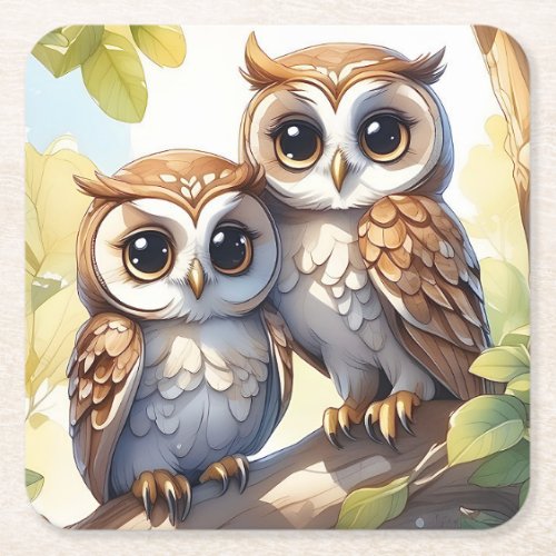Watercolor Cute Kawaii Chibi Owls on a Tree Branch Square Paper Coaster