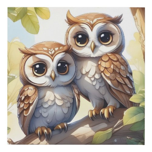 Watercolor Cute Kawaii Chibi Owls Tree Branch Faux Canvas Print