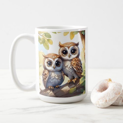 Watercolor Cute Kawaii Chibi Owls Tree Coffee Mug