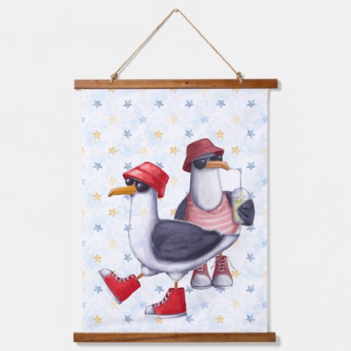 Watercolor Cute Kids Seagulls Beach Birds Hanging Tapestry