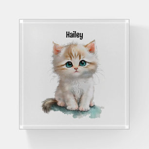 Watercolor Cute Kitten with Blue Eyes Paperweight