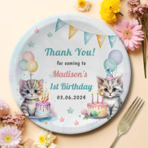 Watercolor Cute Kitty Cat 1st Birthday
