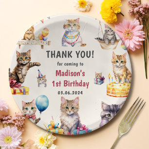 Watercolor Cute Kitty Cat 1st Birthday Paper Plates