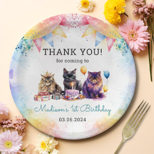 Watercolor Cute Kitty Cat 1st Birthday Paper Plates