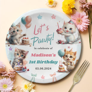 Watercolor Cute Kitty Cat 1st Birthday Paper Plates