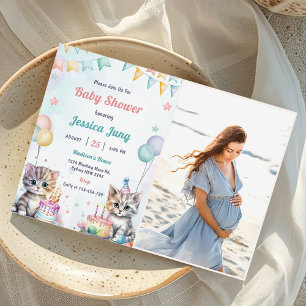 Watercolor Cute Kitty Cat Baby Shower Party Photo  Invitation