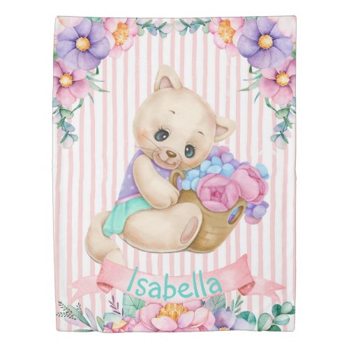 Watercolor cute kitty with flowers duvet cover