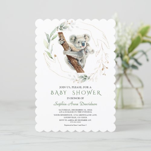 Watercolor Cute Koala Greenery Gold Baby Shower  Invitation