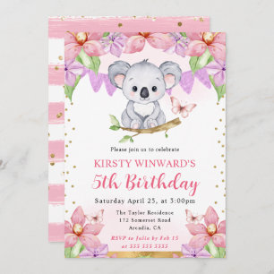 Watercolor Cute Koala & Tropical Flowers Birthday Invitation
