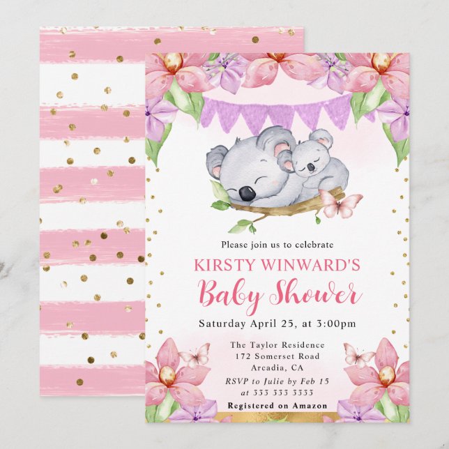 Watercolor Cute Koalas & Flowers Baby Shower Invitation (Front/Back)