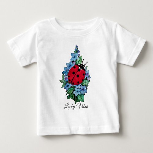 Watercolor Cute Ladybird With Blue Wild Flowers Baby T_Shirt