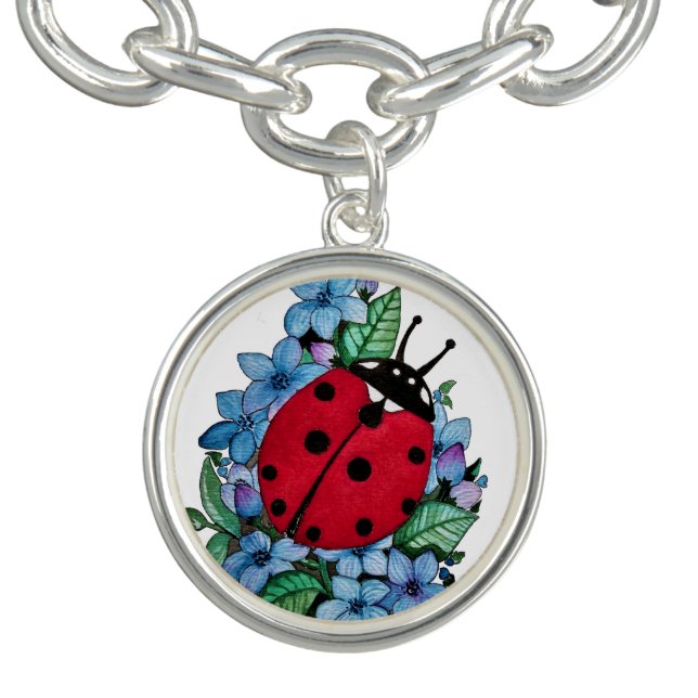Watercolor Cute Ladybird With Blue Wild Flowers Bracelet (Design)